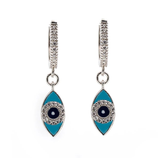 Turquoise Sparkly Evil Eye Sterling Silver Earrings, A Pair For Sale In Miami - Image 6 of 6