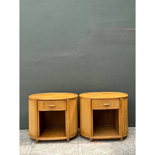 Mid 20th Century Vintage Rattan Oval Nightstands - A Pair For Sale - Image 5 of 12