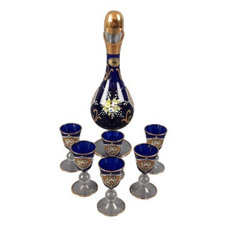 Blue I Tre Fuochi Murano Glass and 24 Karat Gold Liqueur Set, 1970s, Set of 7 For Sale