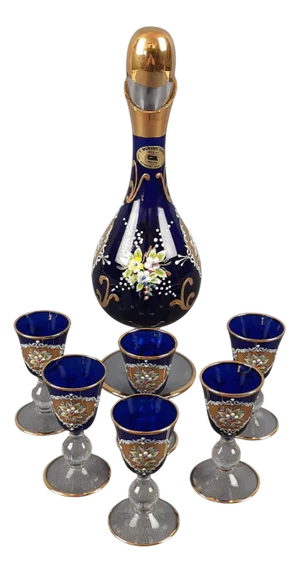 Blue I Tre Fuochi Murano Glass and 24 Karat Gold Liqueur Set, 1970s, Set of 7