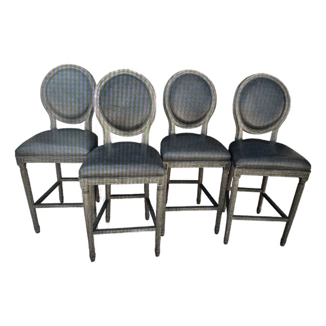 Set of Restoration Hardware French Contemporary Round Leather Bar Stools For Sale