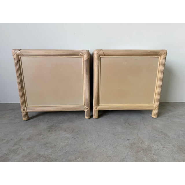 Wood Vintage Coastal Rattan & Leather Top One-Drawer Nightstands – A Pair For Sale - Image 7 of 12
