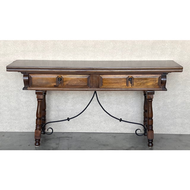 Spanish 20th Century Spanish Console Fold Out Table With Iron Stretcher and Two Drawers For Sale - Image 3 of 11
