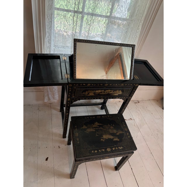 Vintage Chinoiserie Black Lacquer Folding Dressing Table/Vanity With Original Mirror and Matching Stool, 2 Pieces For Sale - Image 9 of 10