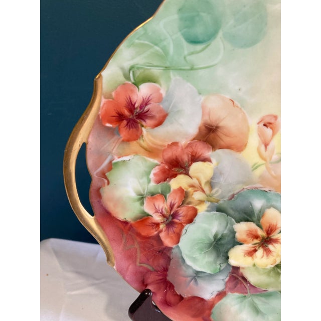 Orange Antique Hand-Painted Bavarian Floral Cake Plate With Gold Trim Handles For Sale - Image 8 of 11