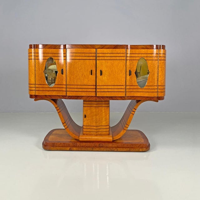 Italian Art Deco wooden bar cabinet mirrored doors and decorative inlays, 1930s Bar cabinet, sideboard or credenza in...