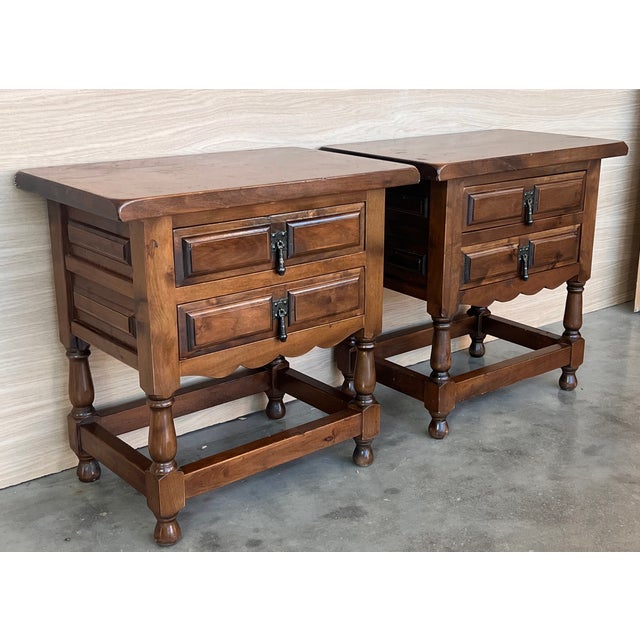 Spanish 20th Century Spanish Nightstands With Two Drawers and Iron Hardware For Sale - Image 3 of 8