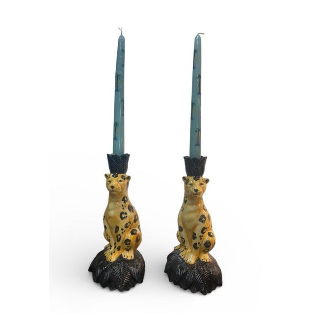 2000 - 2009 Vintage Italian-Style Ceramic Leopard Palm Leaf Taper Candle Holders - Pair For Sale - Image 5 of 7