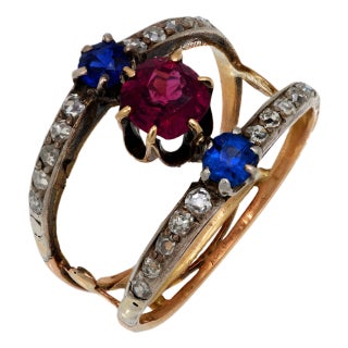Late 19th Century Victorian Spinel Sapphire Diamond 18k Yellow Gold and Silver 2 Band Ring, Size 4.5 For Sale
