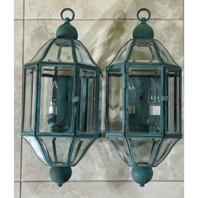 American Pair of Vintage Solid Brass & Beveled Glass Wall Lantern - Sconces - Verdigris For Sale - Image 3 of 14