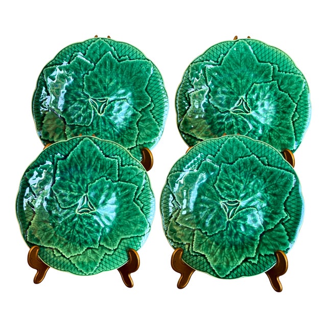 Large Green Leaf Plates from Gien, 1950s, Set of 4 For Sale