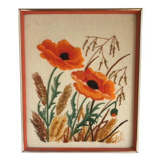 Mid-Century Framed Poppy Crewelwork For Sale