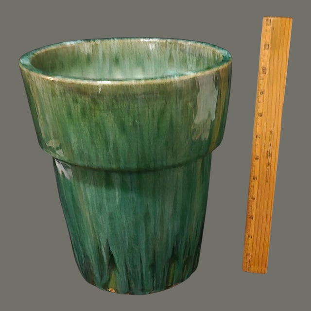 Vintage Mid-Century Green Glazed Terra-Cotta Pottery Heavy Cache Pot Planter For Sale - Image 4 of 8