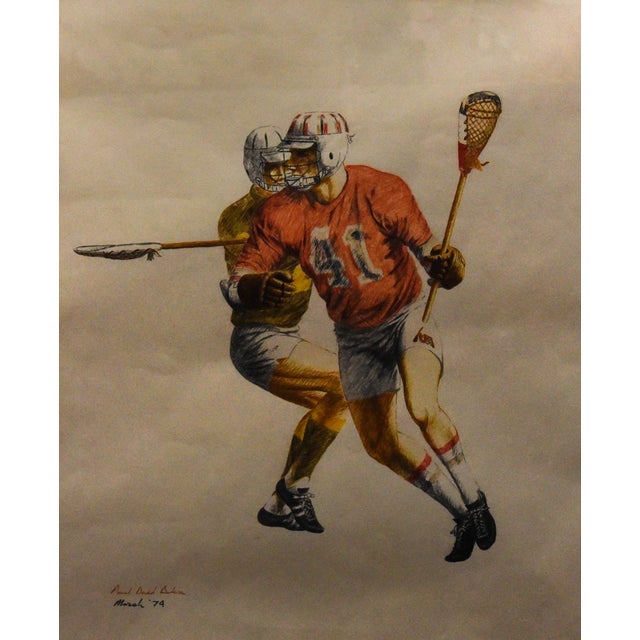 Realistically rendered pencil drawing of a lacrosse match by David Paul Baker, signed "Paul David Baker" (lower left) and...