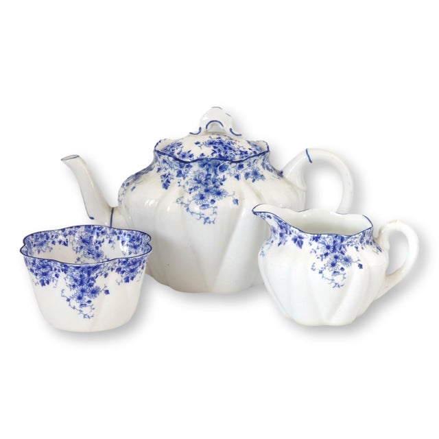 English Shelley “Dainty Blue” Bone China Tea Set , 3 Pc For Sale - Image 3 of 6