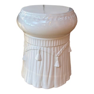 Vintage White Glazed Ceramic Garden Stool With Draped Rope and Tassel Design For Sale