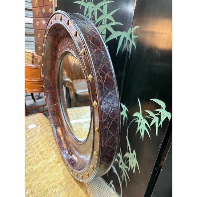 Late 20th Century Round Distressed Leather-Like Covered Mirror Brass Nailheads For Sale In Raleigh - Image 6 of 11