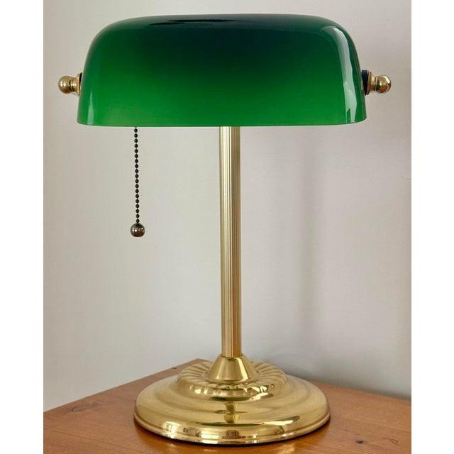 Mid 20th Century Art Deco Emeraldite Shade Brass Banker Lamp With Ball Pull For Sale - Image 11 of 11