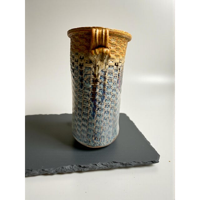 Brad Tucker Studio Pottery Basket Vase North Carolina Blue Brown Textured Glaze For Sale - Image 6 of 10