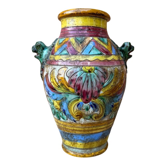 Vintage Italian Majolica Sgraffito Glazed Terracotta Urn or Vase For Sale