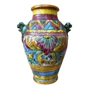 Vintage Italian Majolica Sgraffito Glazed Terracotta Urn or Vase