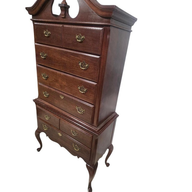 Late 20th Century Late 20th Century Broyhill Queen Anne Cherry Highboy Chest on Chest Dresser With Bonnet Top For Sale - Image 5 of 7