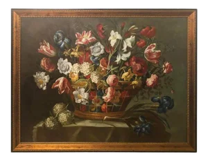 Still Life Flower Bouquet Oil on Canvas, Modern Style, Framed, 1980s