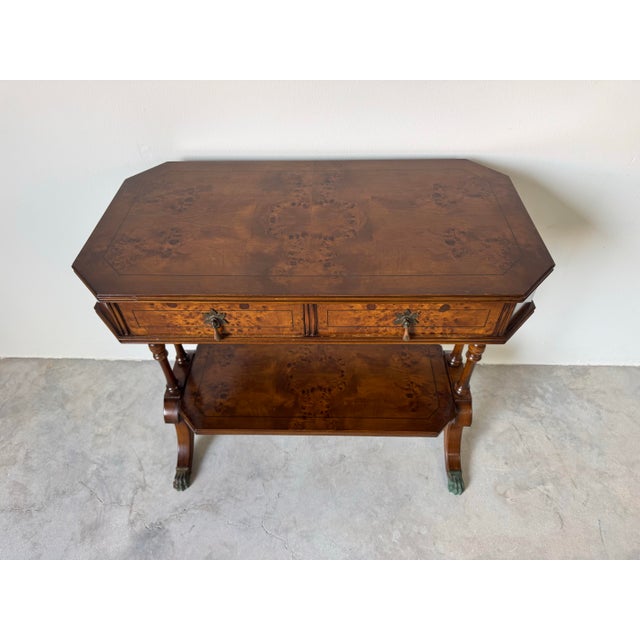 1970s SOLDHollywood Regency Burl Walnut Small Console Table With Two Dovetailed Drawers & Lower Shelf For Sale - Image 5 of 12