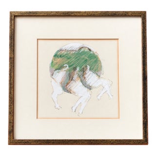 Vintage Signed Modernist Abstract Figurative Pastel Drawing, Framed For Sale