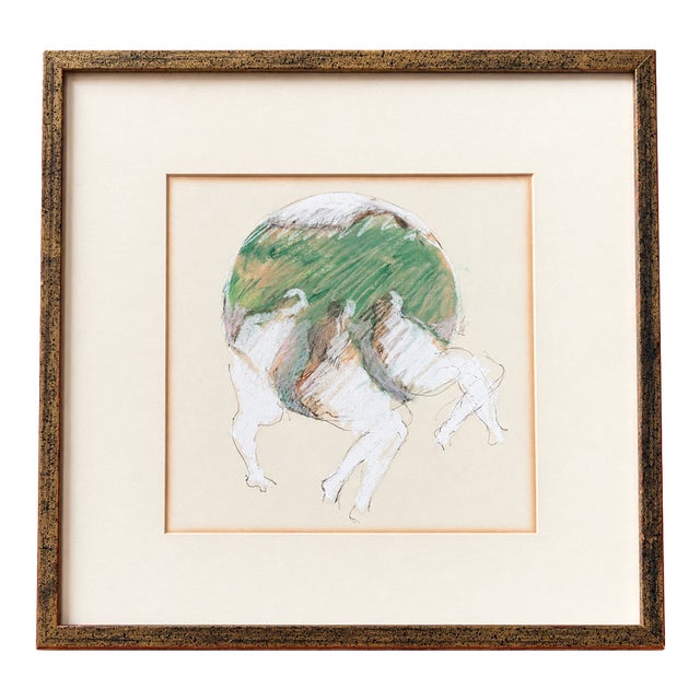 Vintage Signed Modernist Abstract Figurative Pastel Drawing, Framed For Sale