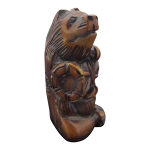 Antique Japanese Carved Wood Badger or Bear With Barrel Netsuke Figurine