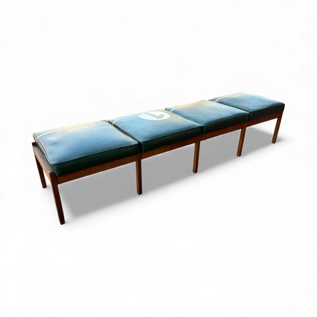 Vintage Mid-Century Modern Walnut and Green Leatherette Bench in British Racing Motif For Sale In Columbia, SC - Image 6 of 9