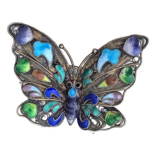 Chinese Silver Filigree Enamel Beautiful Butterfly Brooch C1920 For Sale