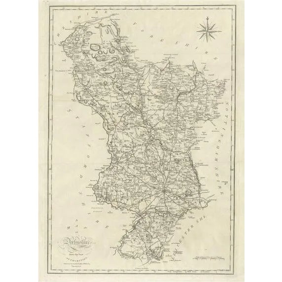 Large Antique County Map of Derbyshire, 1805 For Sale