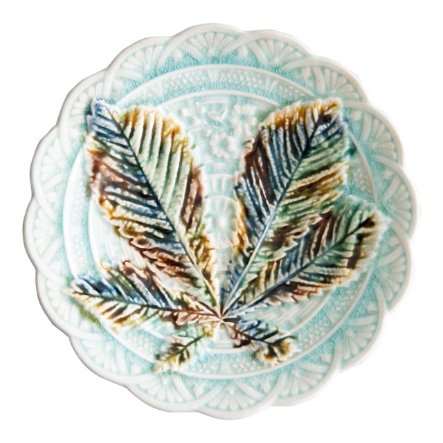 19th Century Swedish Rörstrand Majolica Turquoise Chestnut Leaf Plate For Sale