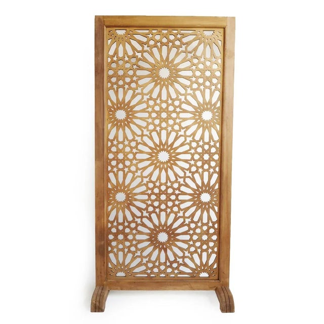 Beautiful vintage Moroccan large wood screen panel on stand. Lazer cut traditional star burst patterns. Measurement...