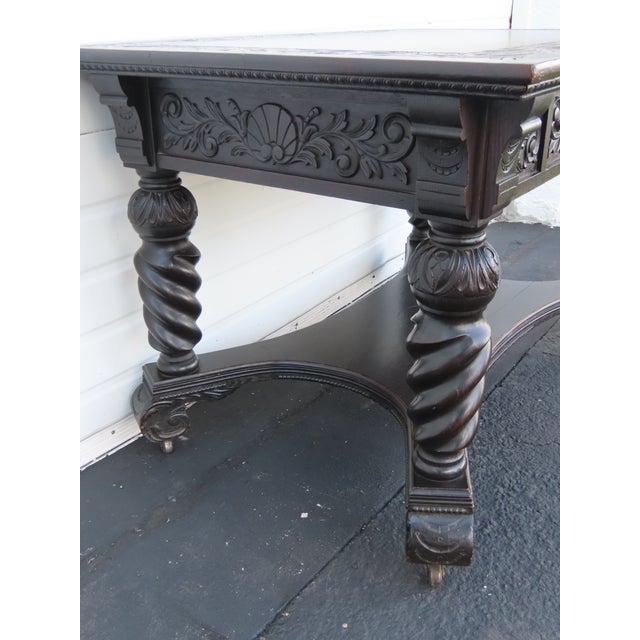 Early 1900s Heavy Carved Tiger Oak Library Console Table Partner Desk 6571a For Sale - Image 16 of 18