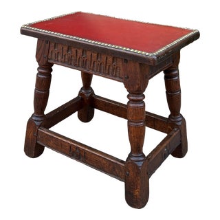 Antique English Foot Stool Small Bench Leather Top Joint Stool Oak Maker's Tag For Sale