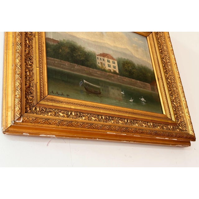 European School, Lakeside Villa with Swans, 1890s, Oil on Canvas, Framed For Sale - Image 3 of 12
