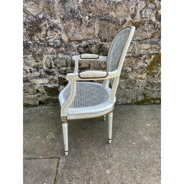 Louis XVI Style Caned Medallion Armchair in White and Blue, 1950s For Sale - Image 3 of 12