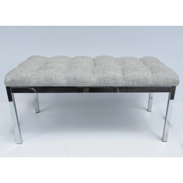 Vintage C.1970's Chrome Milo Baughman Attributed Bench, With Button Tufted Heather Grey Textile For Sale - Image 13 of 13