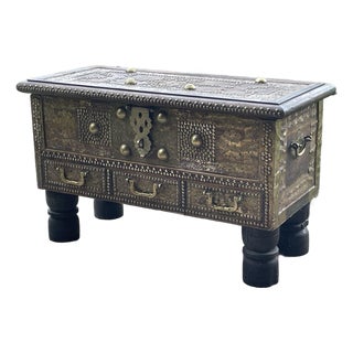 Zanzibar Blanket Chest Teak Wood With Brass Metal Overlay For Sale