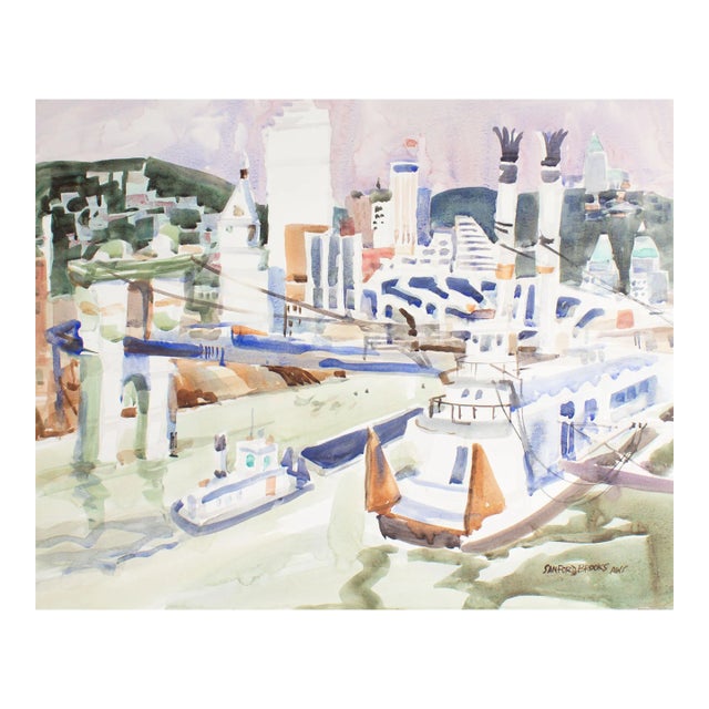 Signed Watercolor Painting of a City by Sanford Brooks For Sale