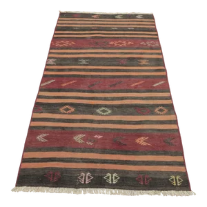 1960s Traditional Ethnic Red Striped Cicim Natural Wool Kilim Rug