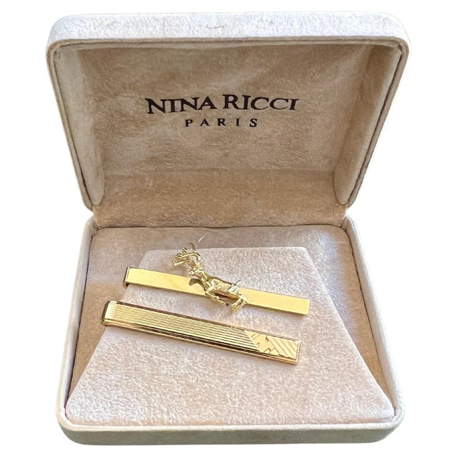 Vintage Nina Ricci Set Off 2 Gold-Tone Tie Clips With Logo Circa “1980” Original For Sale