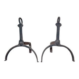Rare Antique 18th Century Hand Wrought Iron Fireplace Firedogs Black Andirons For Sale