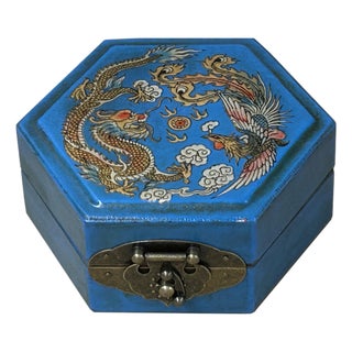 Oriental Cerulean Blue Dragon Phoenix Graphic Hexagonal Container Box For Sale
