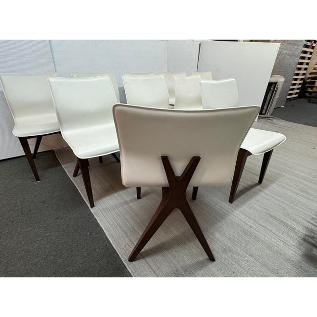 X-Back White Leather and Dark Walnut Wood Dining Side Chairs, Set of Ten For Sale - Image 10 of 12
