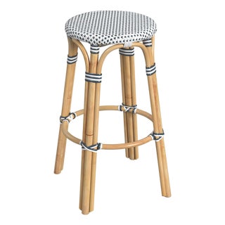 Tobias 30 in. Seat Height Round Rattan Backless Bar Stool, White/Navy Dot / Natural Rattan Frame For Sale