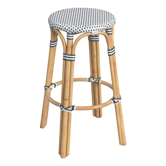 Tobias 30 in. Seat Height Round Rattan Backless Bar Stool, White/Navy Dot / Natural Rattan Frame For Sale